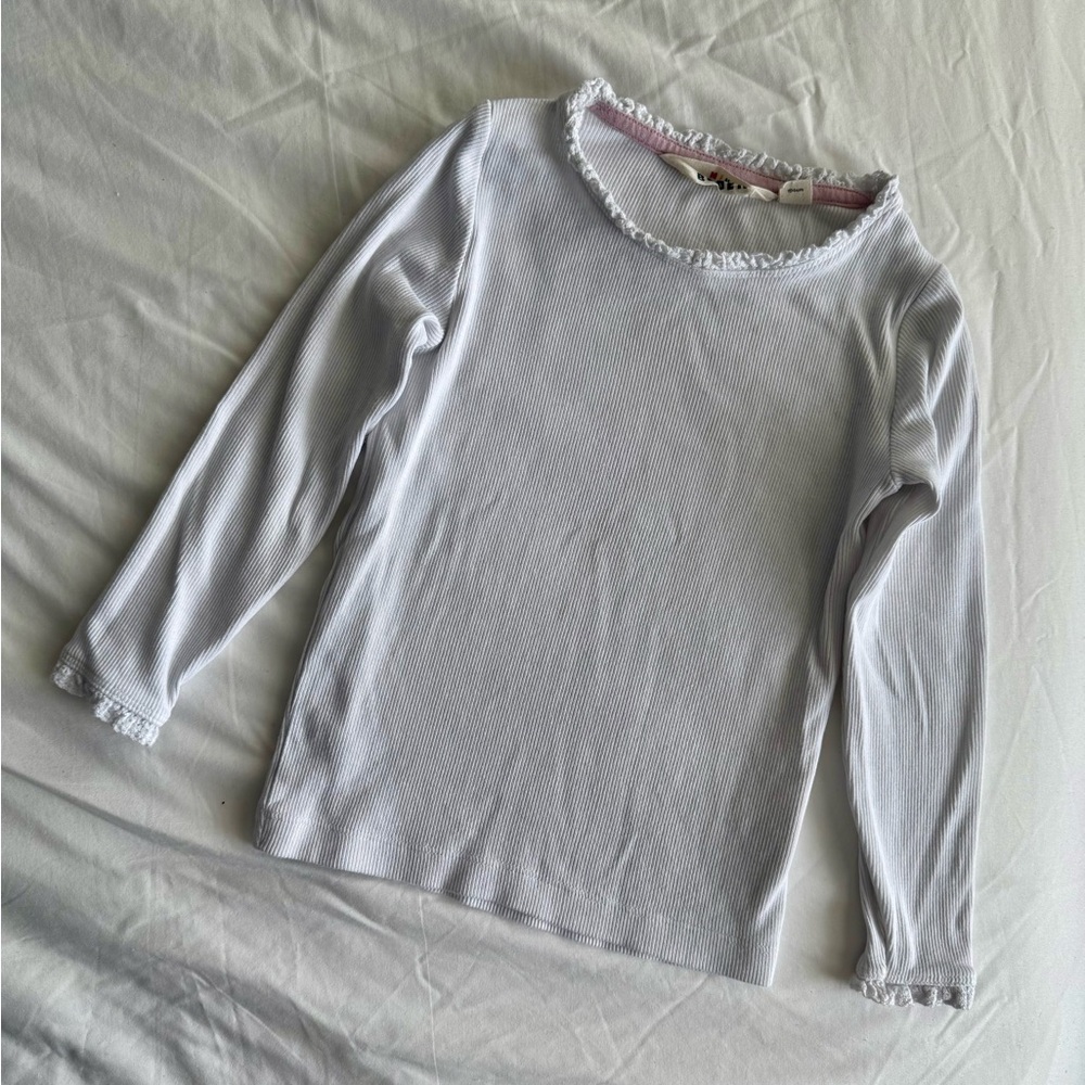 Boden 3-4y White Long Sleeve Top with Ruffle Trim